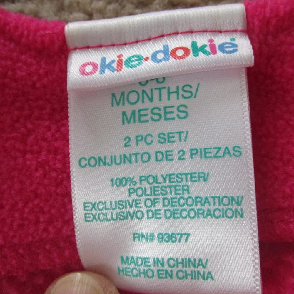 Okie Dokie Fleece Bunting Snowsuit Infant Girls 3-6M Pink Adjustable Straps Bear